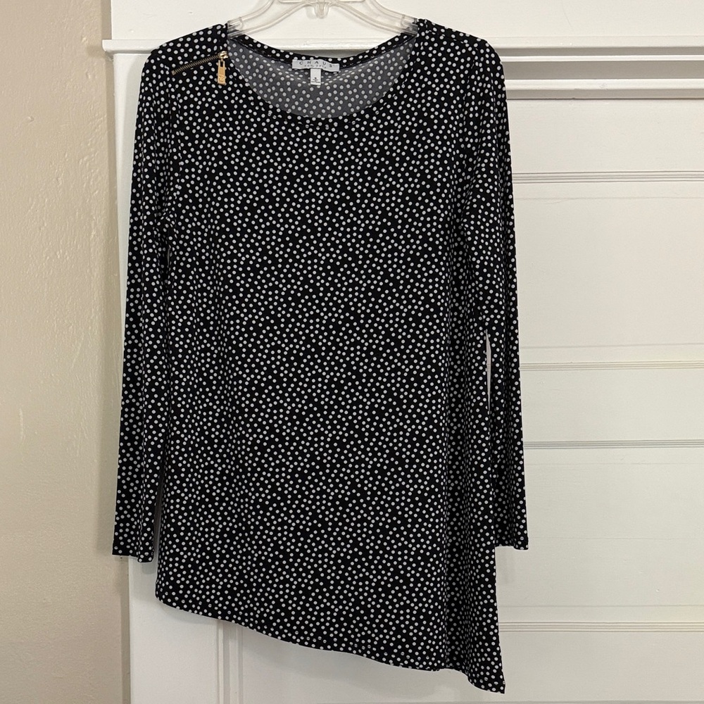 Chaus Black White Polka Dot Tunic Top Shirt Sz Small